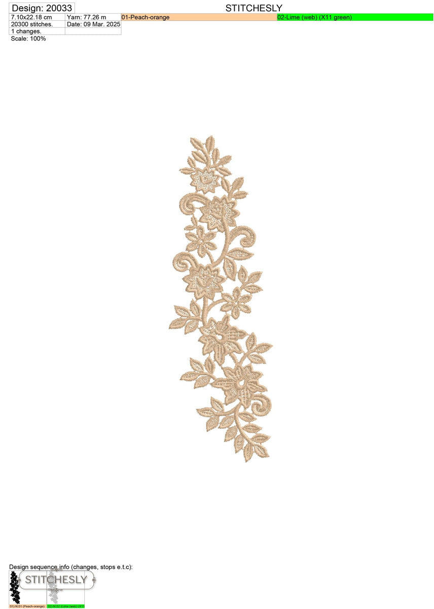 Detail view of Beige Garden Floral Border machine embroidery design