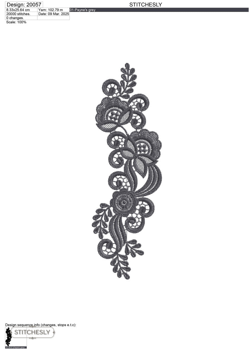 Detail view of Black Lace Floral Border machine embroidery design