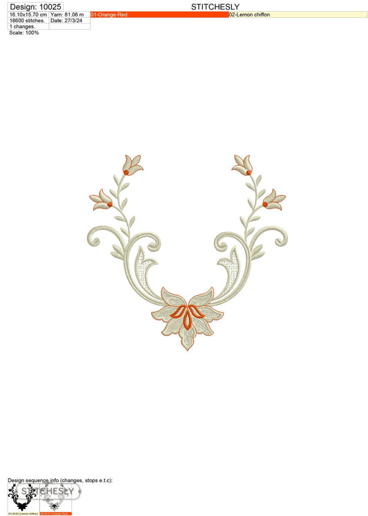 Detail view of Botanical U-Shaped Neckline machine embroidery design