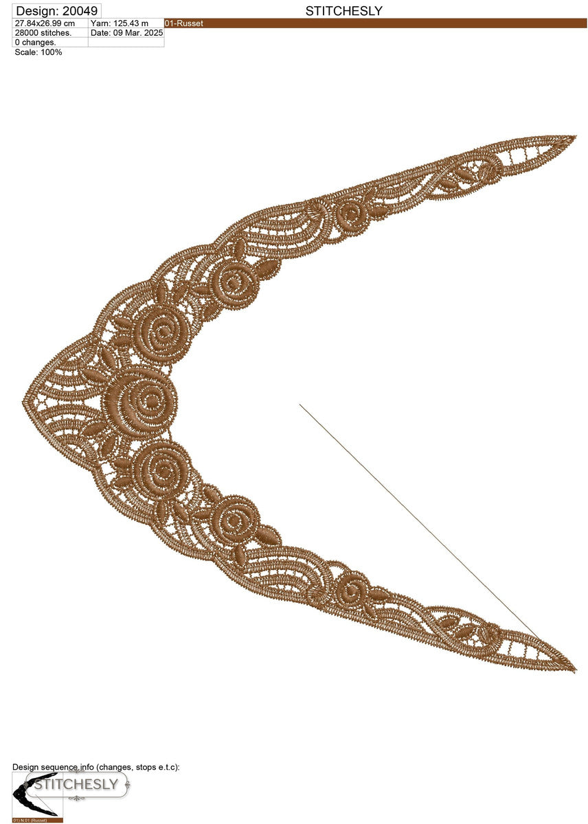 Detail view of Brown Lace Neckline machine embroidery design