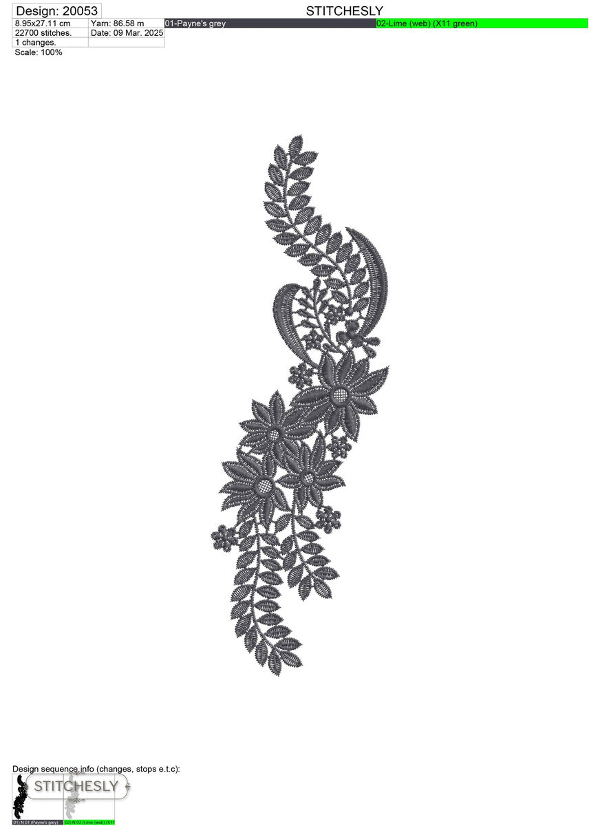 Detail view of Charcoal Paisley Floral Border machine embroidery design