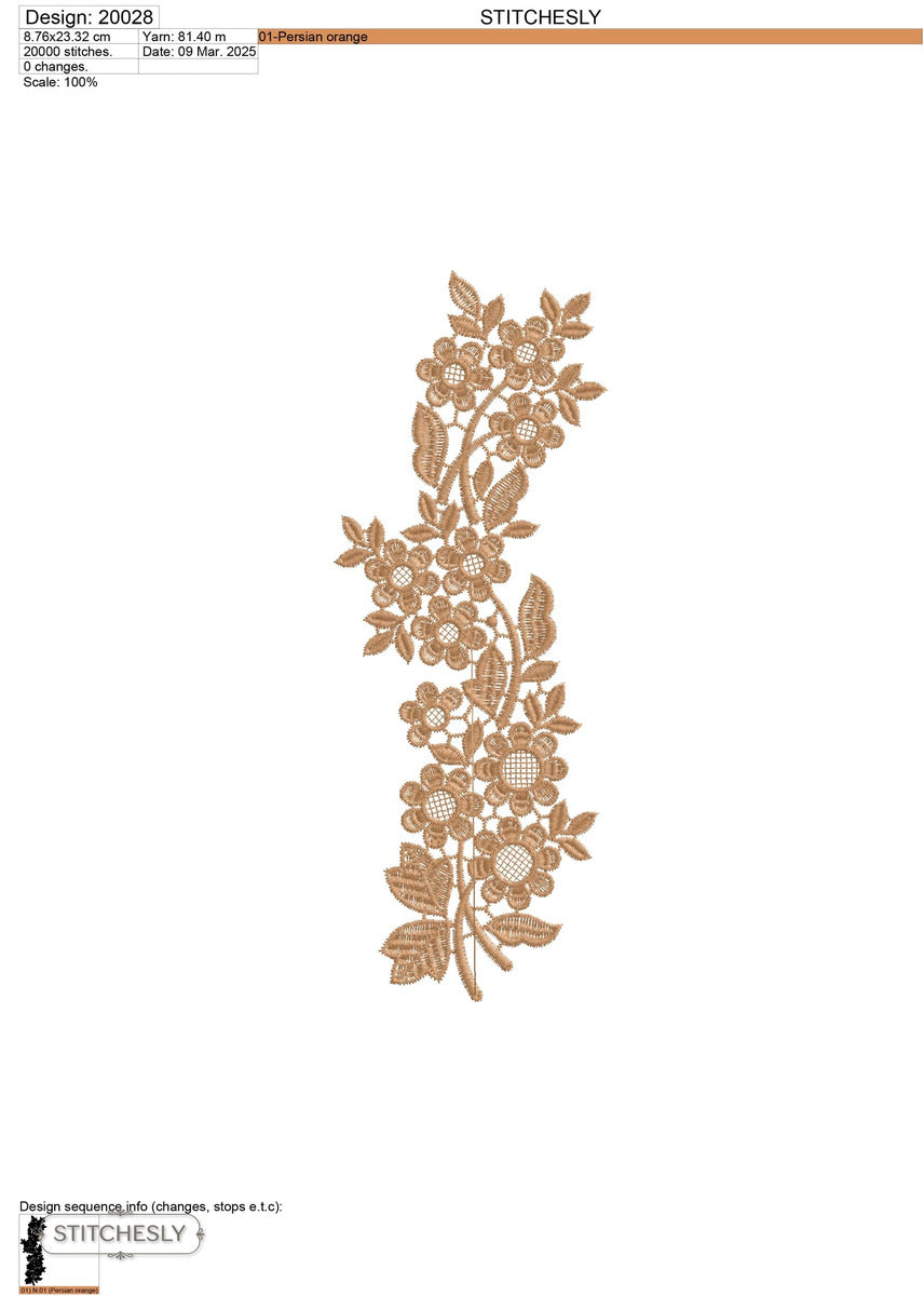 Detail view of Copper Daisy Floral Border machine embroidery design