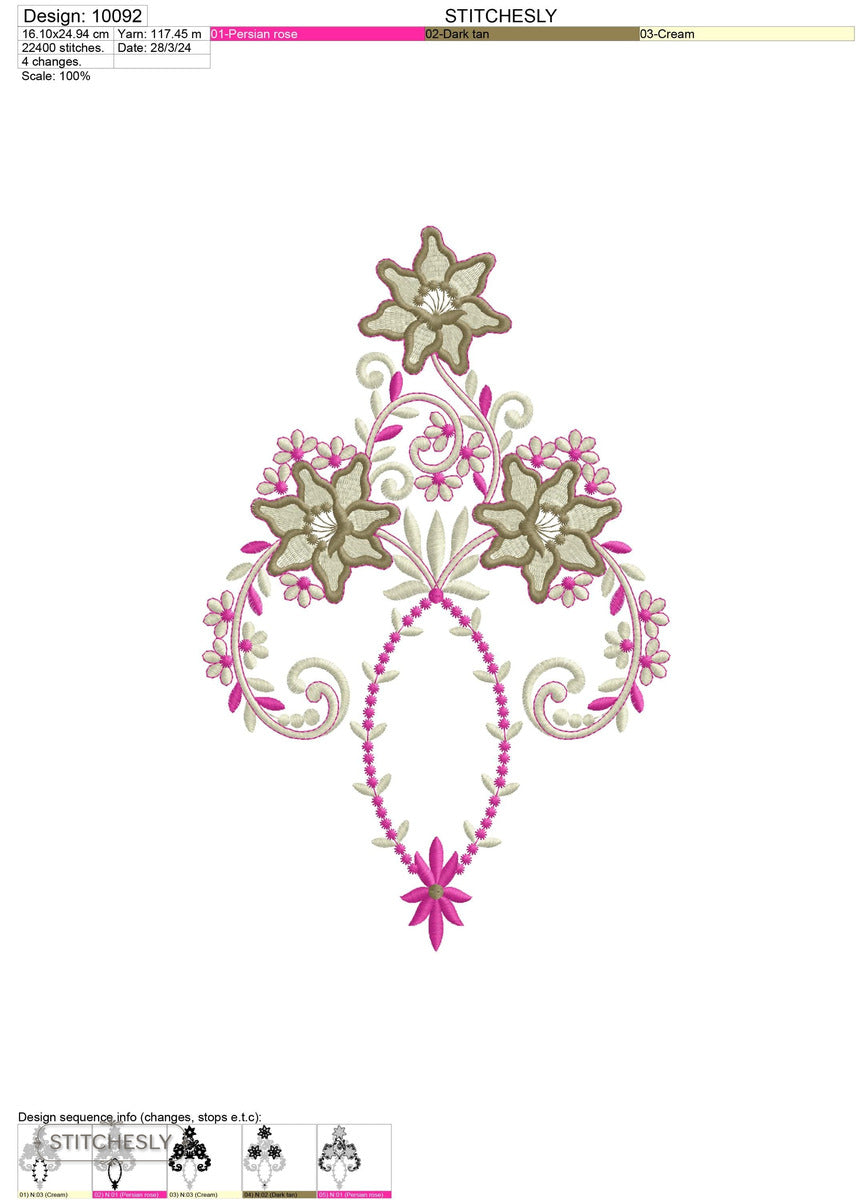 Detail view of Floral Star Garland Ornament machine embroidery design