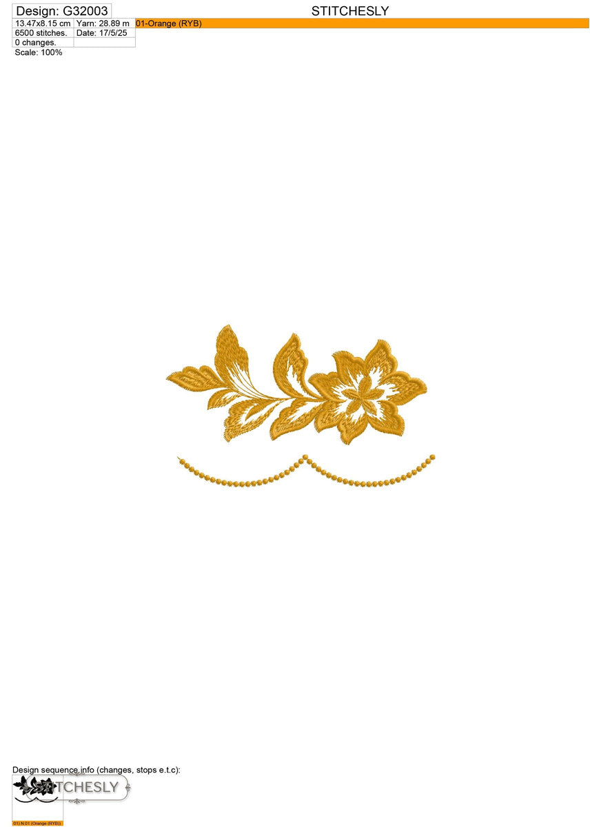 Detail view of Golden Floral Garland Border machine embroidery design