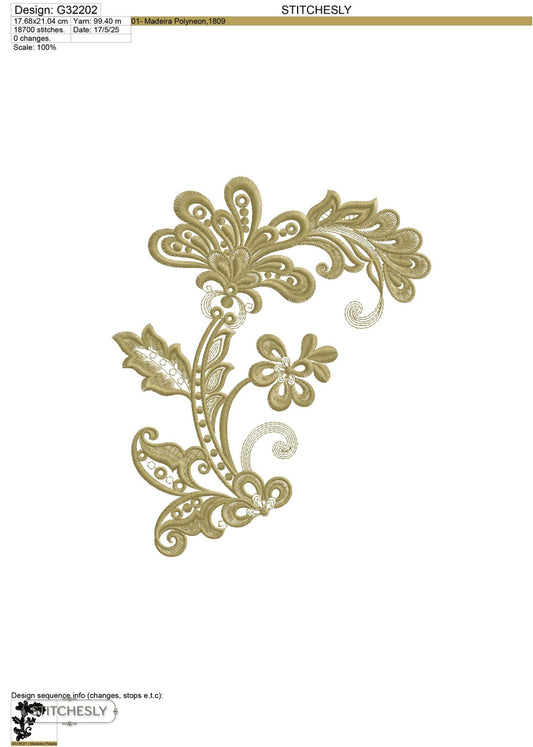 Detail view of Golden Floral Scroll Corner machine embroidery design