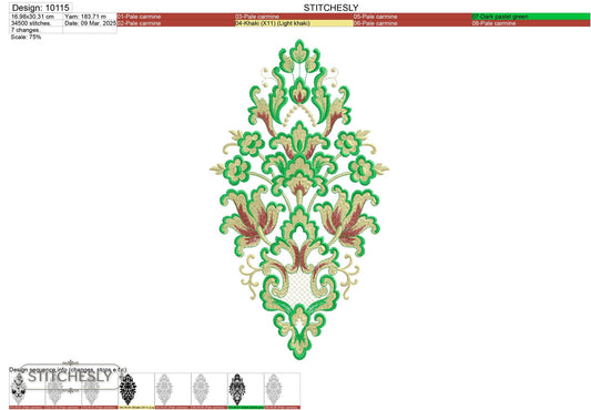 Detail view of Green Damask Floral Panel machine embroidery design