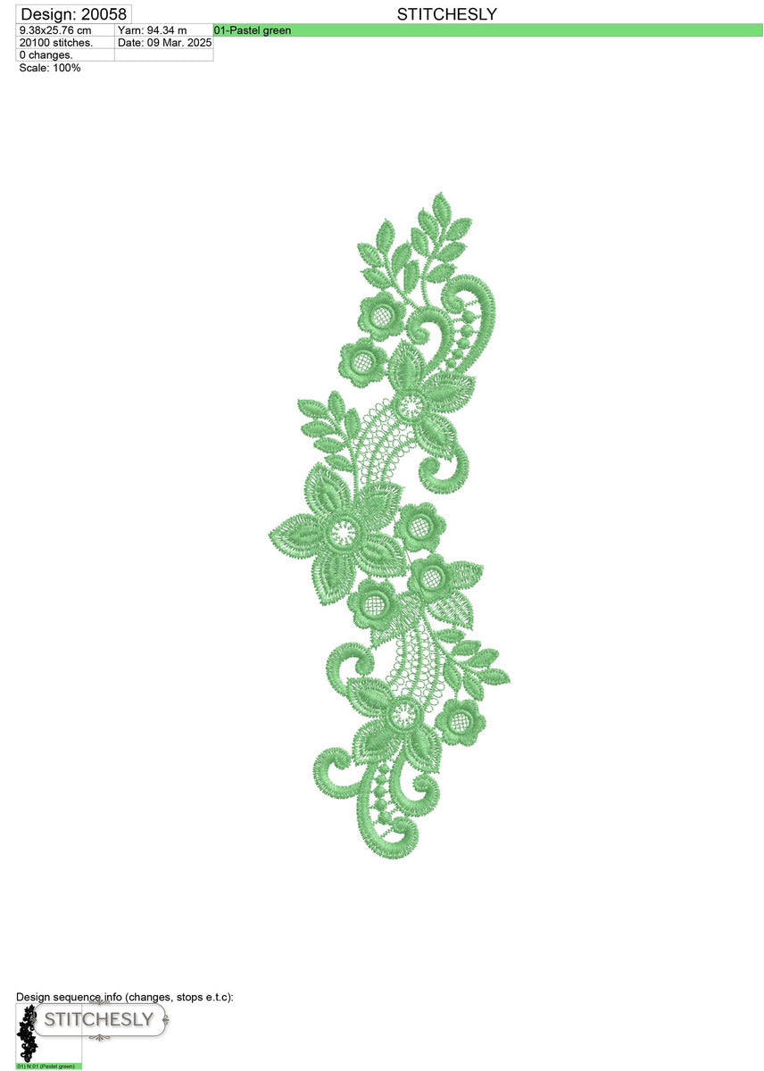 Detail view of Green Floral Lace Border machine embroidery design