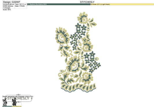 Detail view of Green Floral Lace Panel machine embroidery design