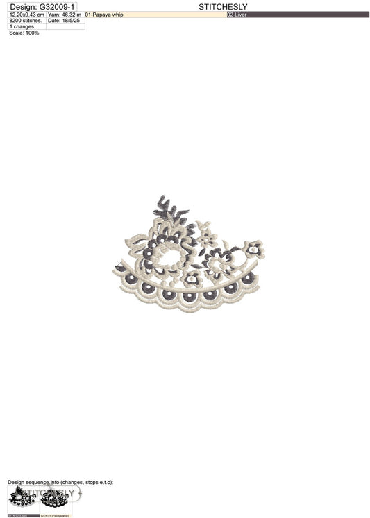Detail view of Grey Lace Crown Accent machine embroidery design