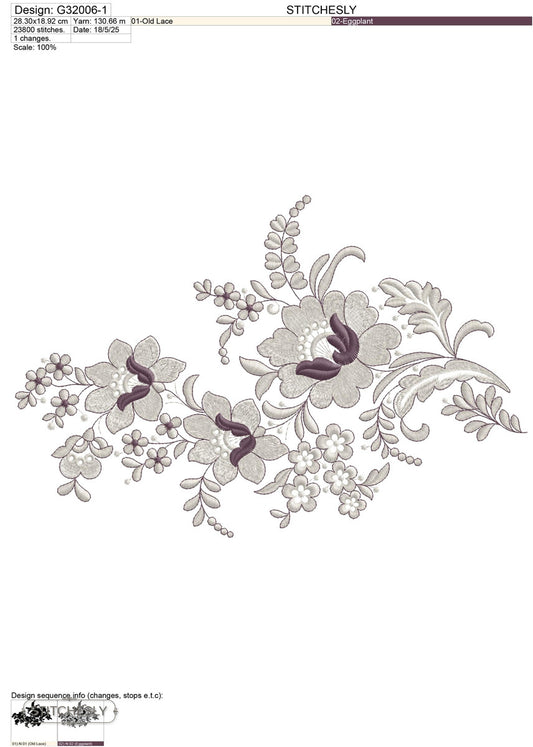 Detail view of Ivory Butterfly Floral Corner machine embroidery design