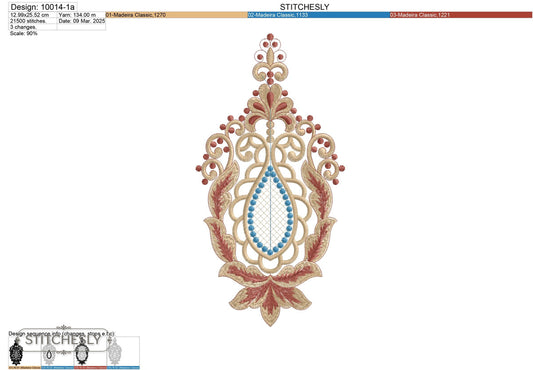 Detail view of Jeweled Floral Teardrop Panel machine embroidery design