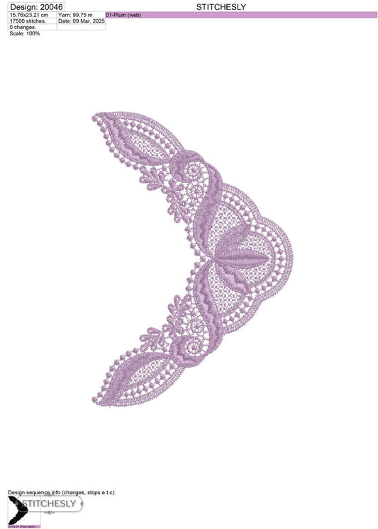 Detail view of Lavender Lace Neckline machine embroidery design