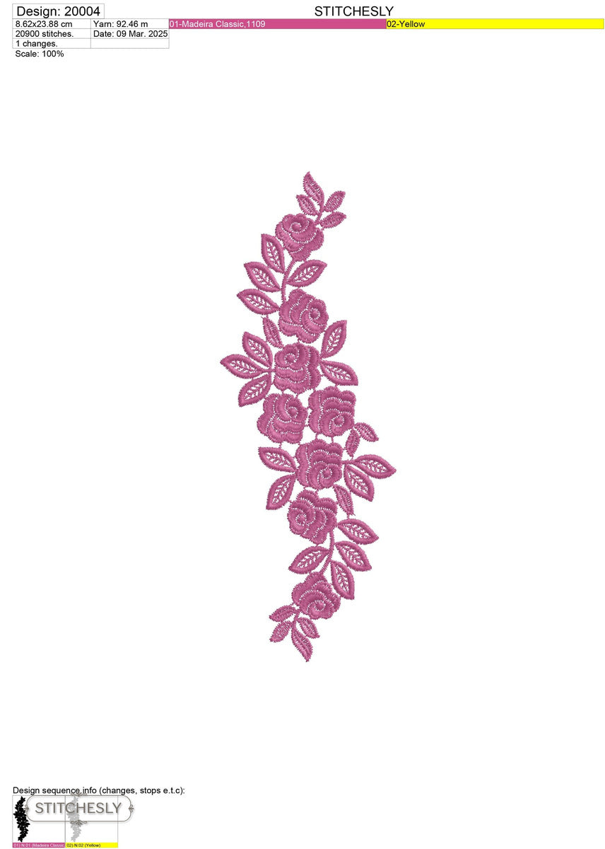 Detail view of Magenta Rose Floral Border machine embroidery design