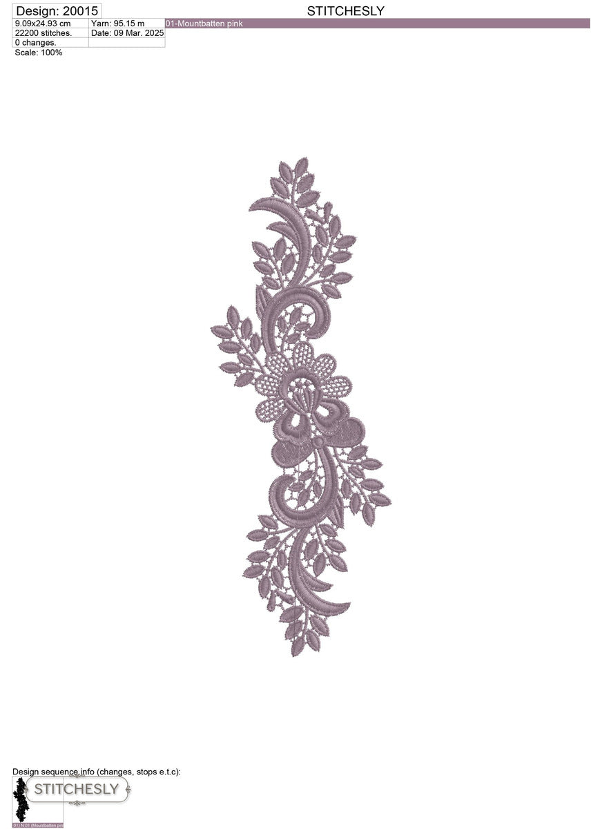 Detail view of Mauve Lace Floral Border machine embroidery design