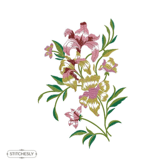 Detail view of Oriental Floral Towel Motif machine embroidery design