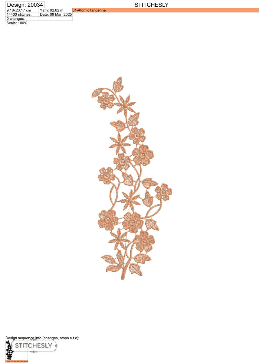 Detail view of Peach Blossom Floral Border machine embroidery design
