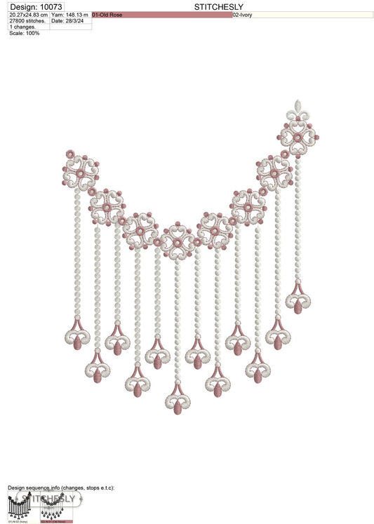 Detail view of Pearl Beaded Garland Neckline machine embroidery design