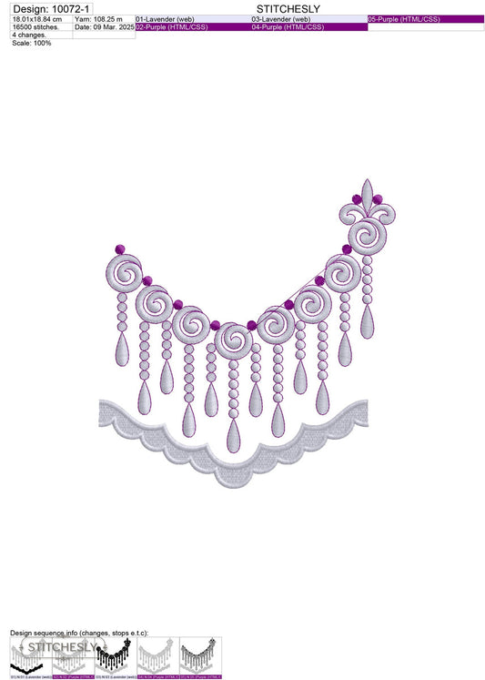Detail view of Purple Beaded Neckline machine embroidery design
