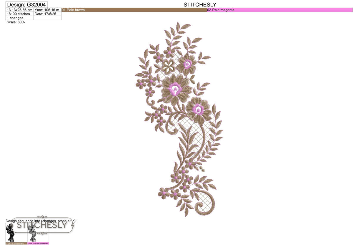 Detail view of Purple Floral Paisley Panel machine embroidery design