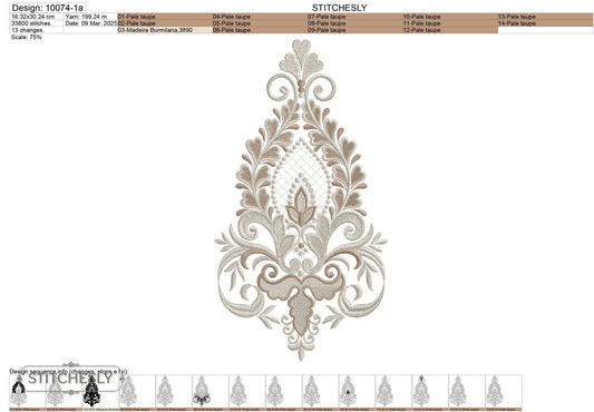 Detail view of Silver Damask Teardrop Ornament machine embroidery design