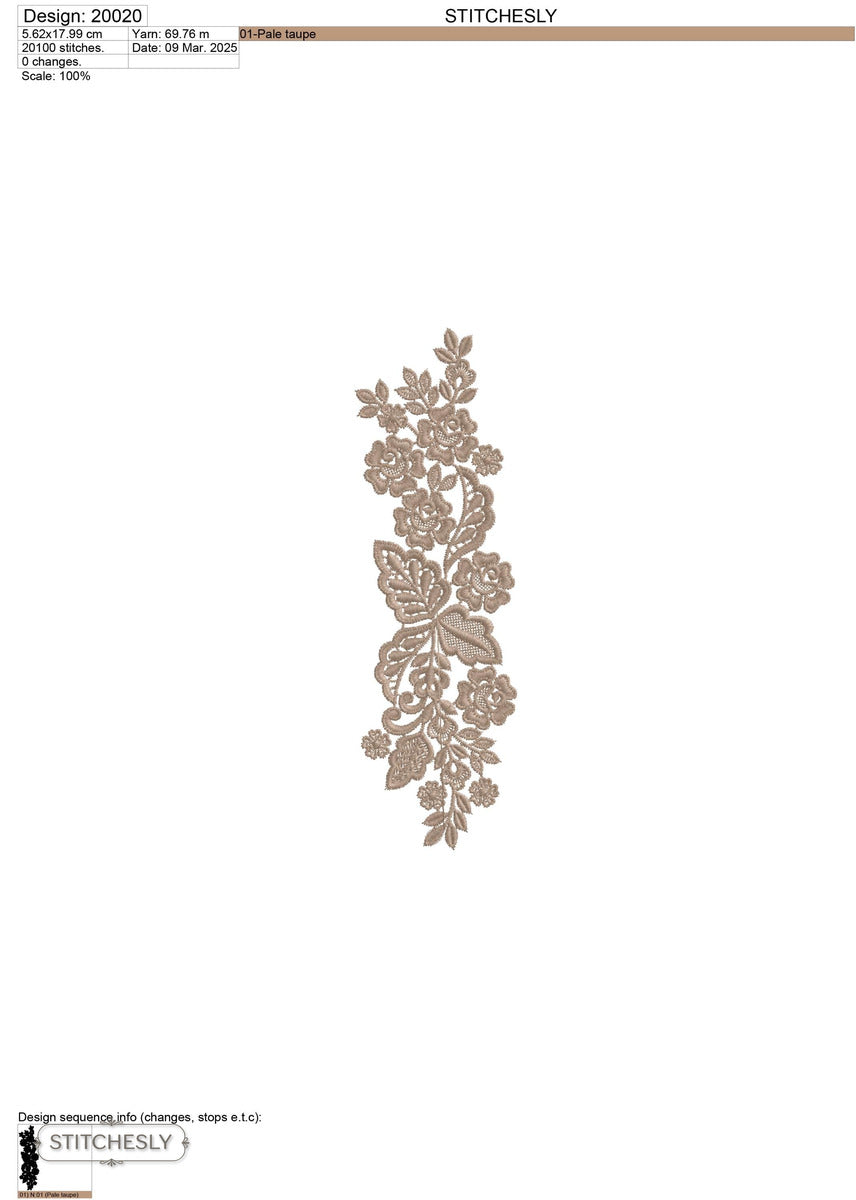 Detail view of Taupe Garden Floral Border machine embroidery design