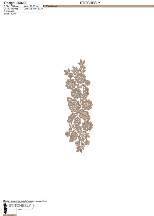Detail view of Taupe Garden Floral Border machine embroidery design