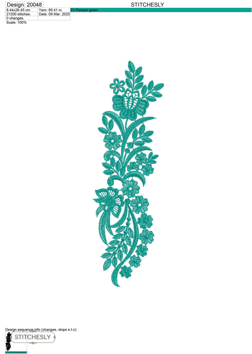 Detail view of Teal Butterfly Floral Border machine embroidery design