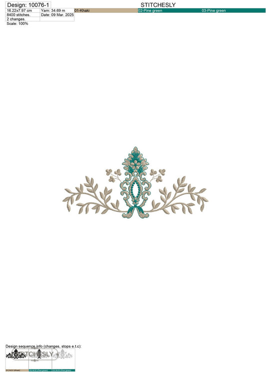 Detail view of Teal Floral Scroll Border machine embroidery design