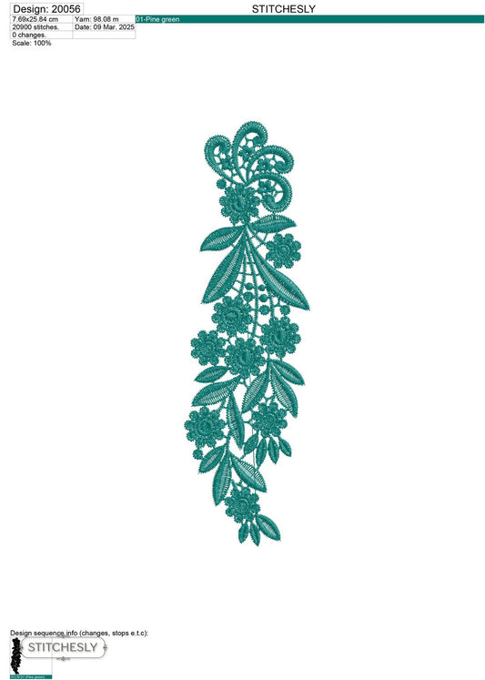 Detail view of Teal Ribbon Floral Border machine embroidery design
