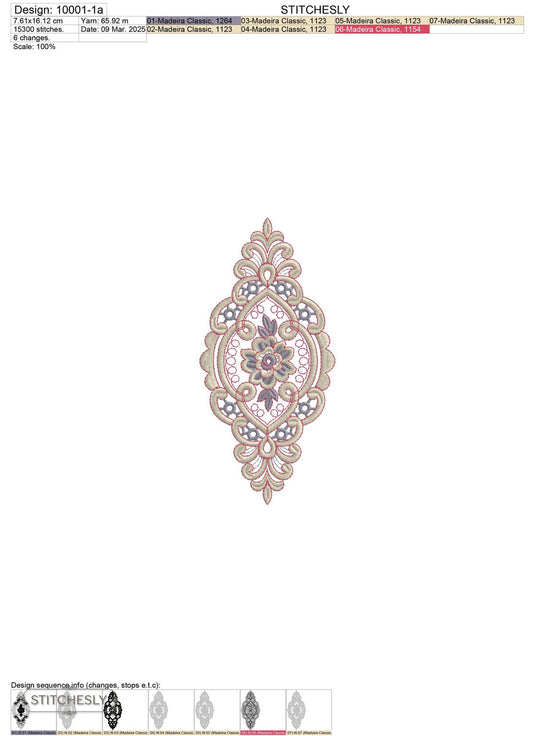 Detail view of Vintage Cameo Floral Medallion machine embroidery design