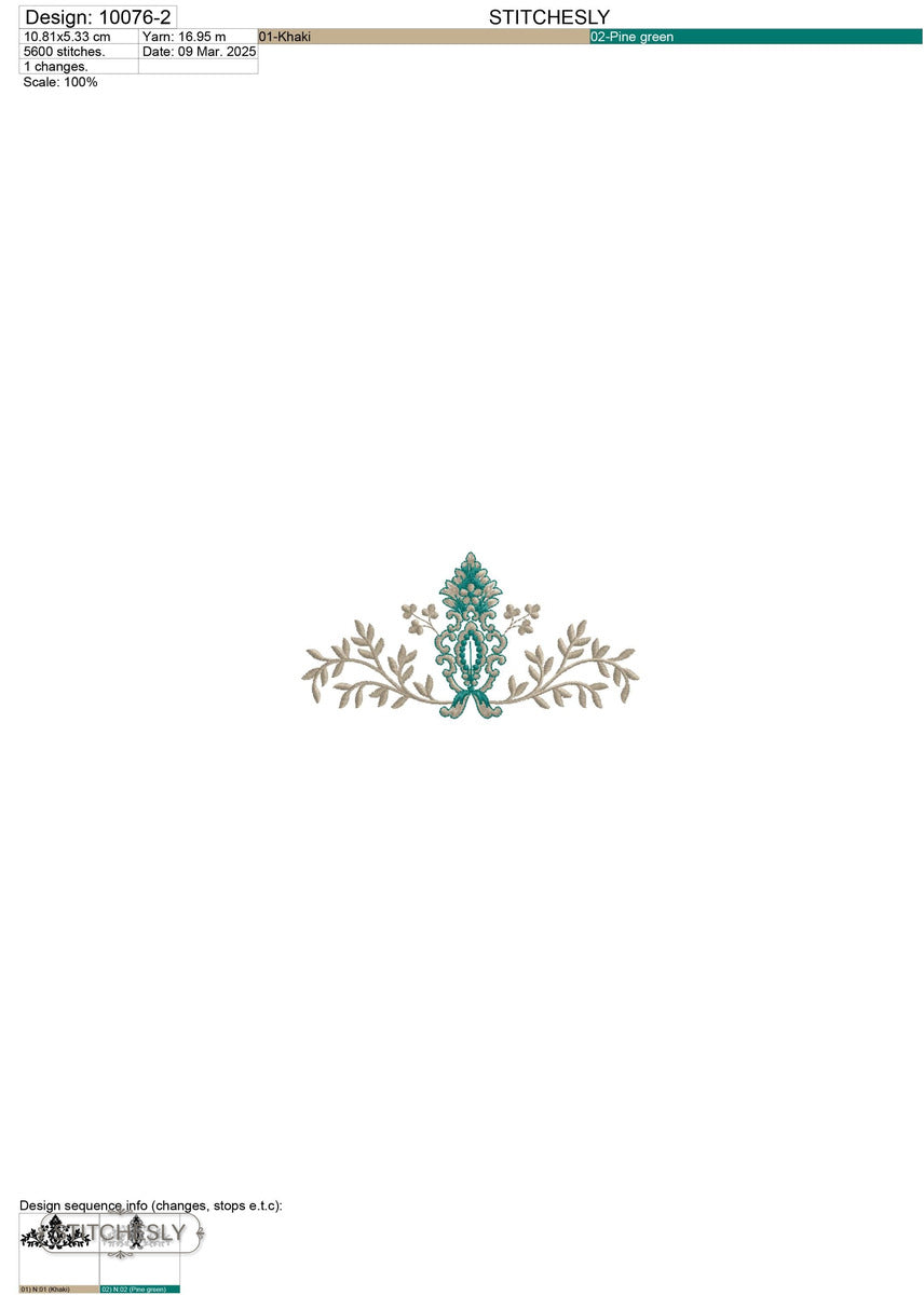 Detail view of Teal Floral Scroll Border machine embroidery design