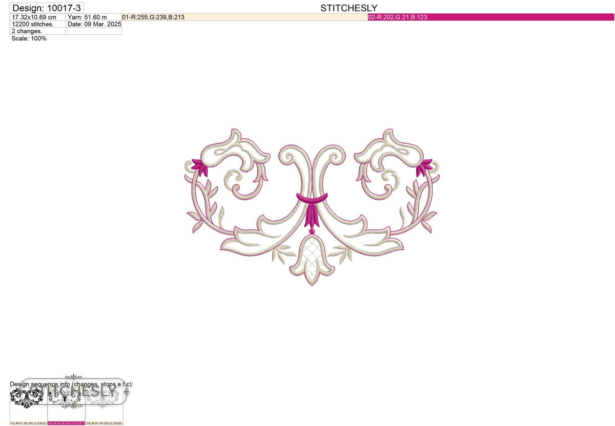 Detail view of Symmetrical Lily Scroll Border machine embroidery design