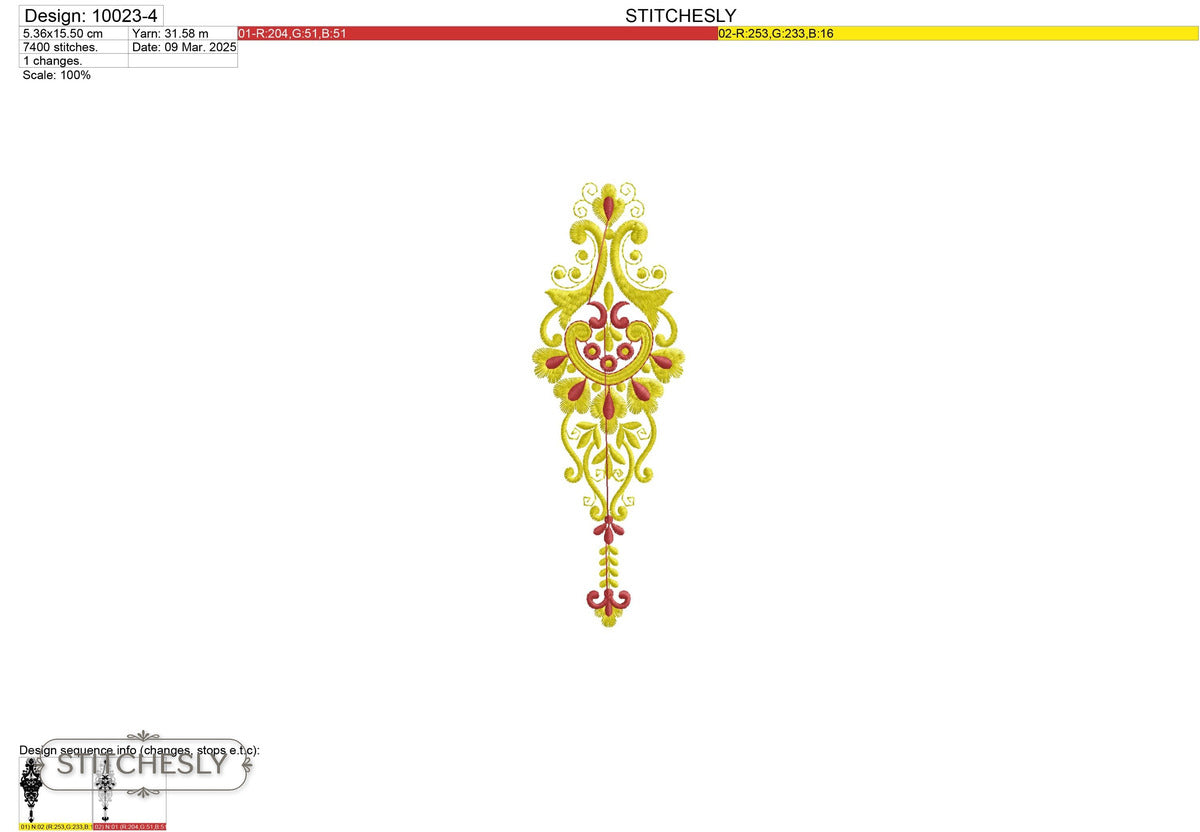 Detail view of Bright Folk Teardrop Ornament machine embroidery design