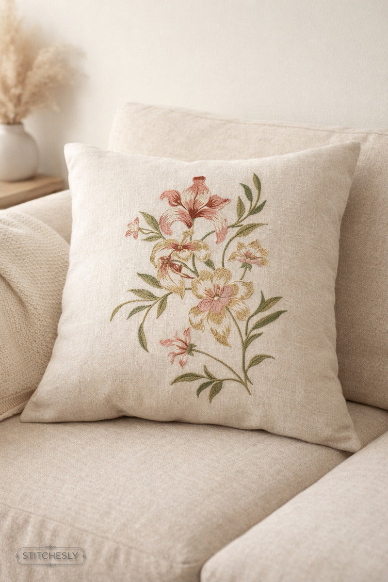 Detail view of Oriental Floral Towel Motif machine embroidery design