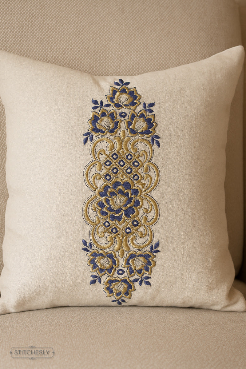 Detail view of Baroque Floral Medallion Panel machine embroidery design