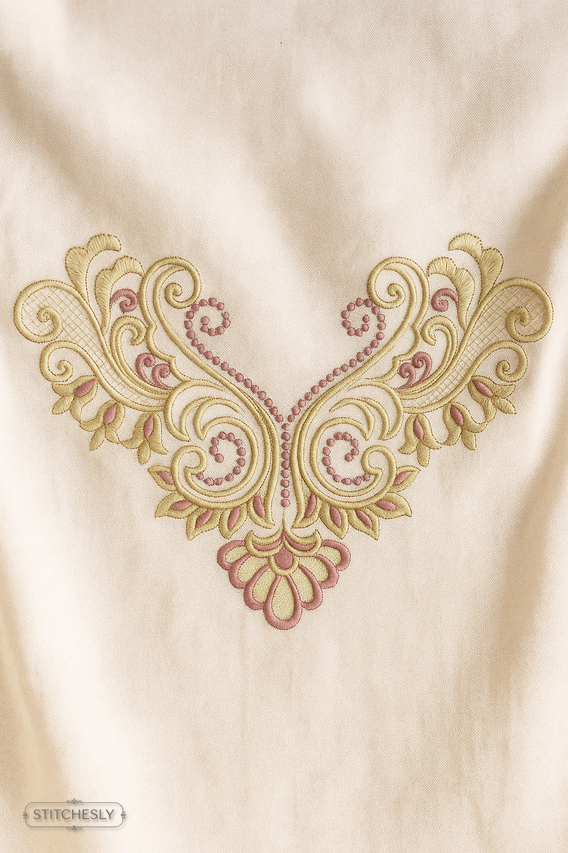 Detail view of Gold Lace Neckline machine embroidery design