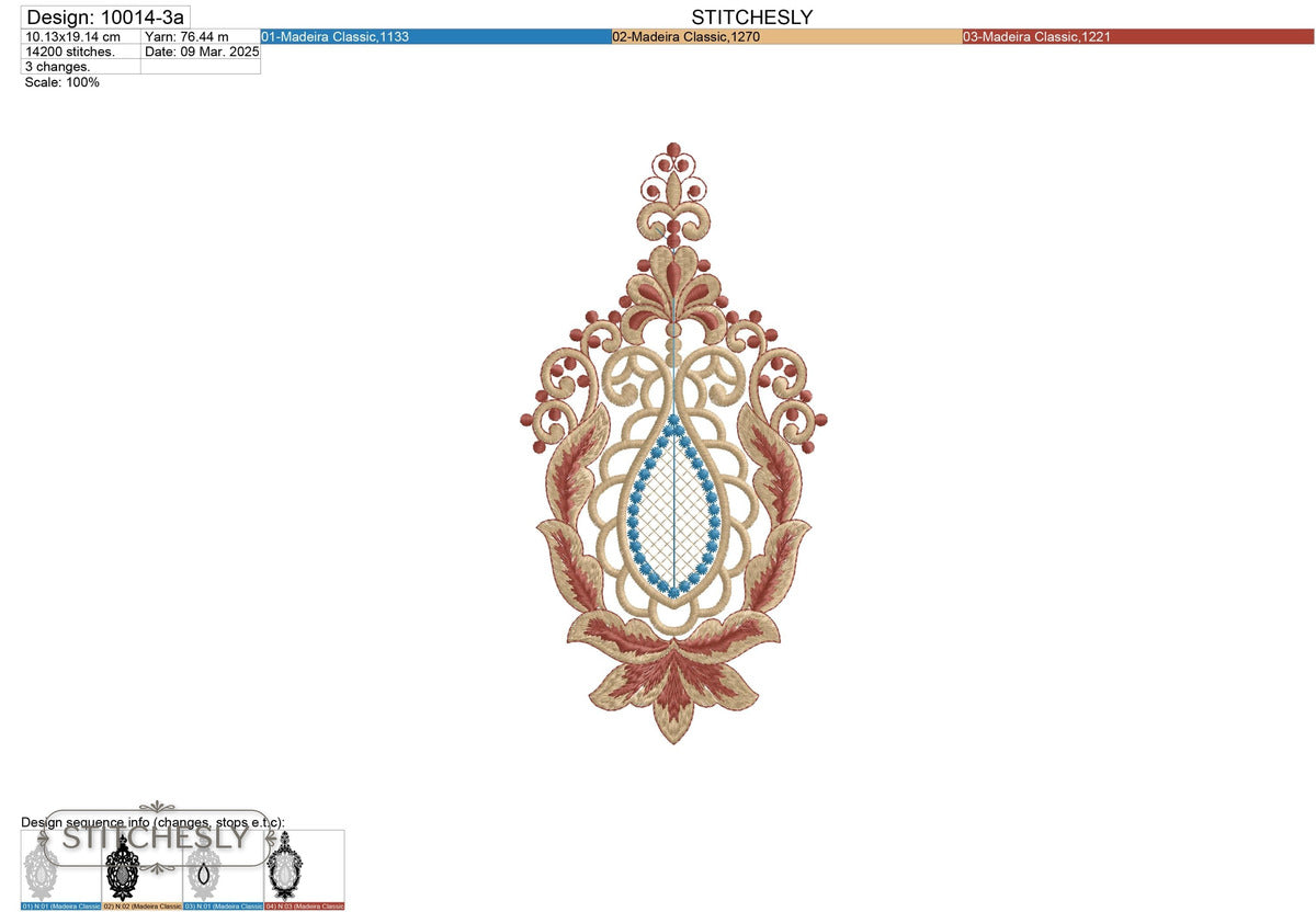 Detail view of Jeweled Floral Teardrop Panel machine embroidery design