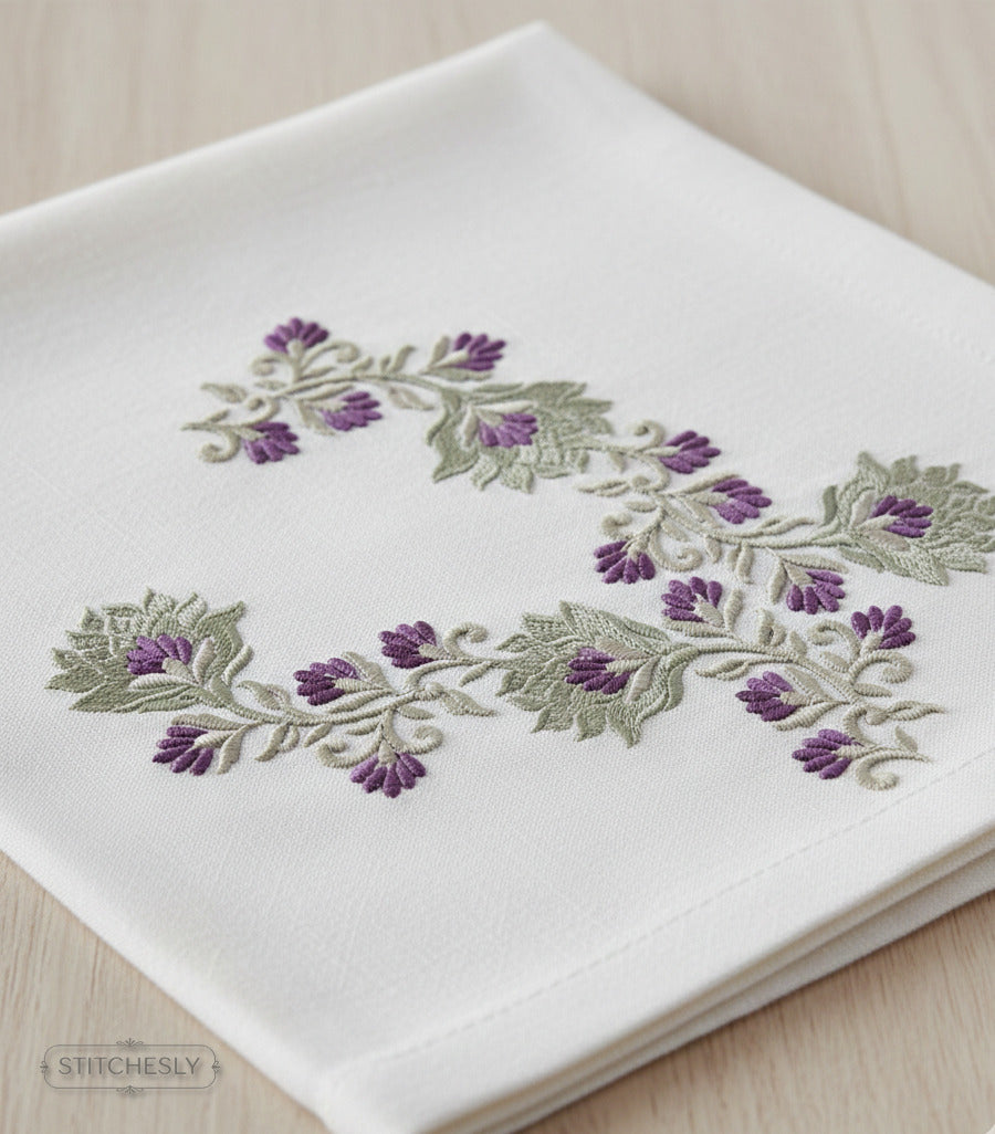 Detail view of Purple Rose Table Linen Border machine embroidery design