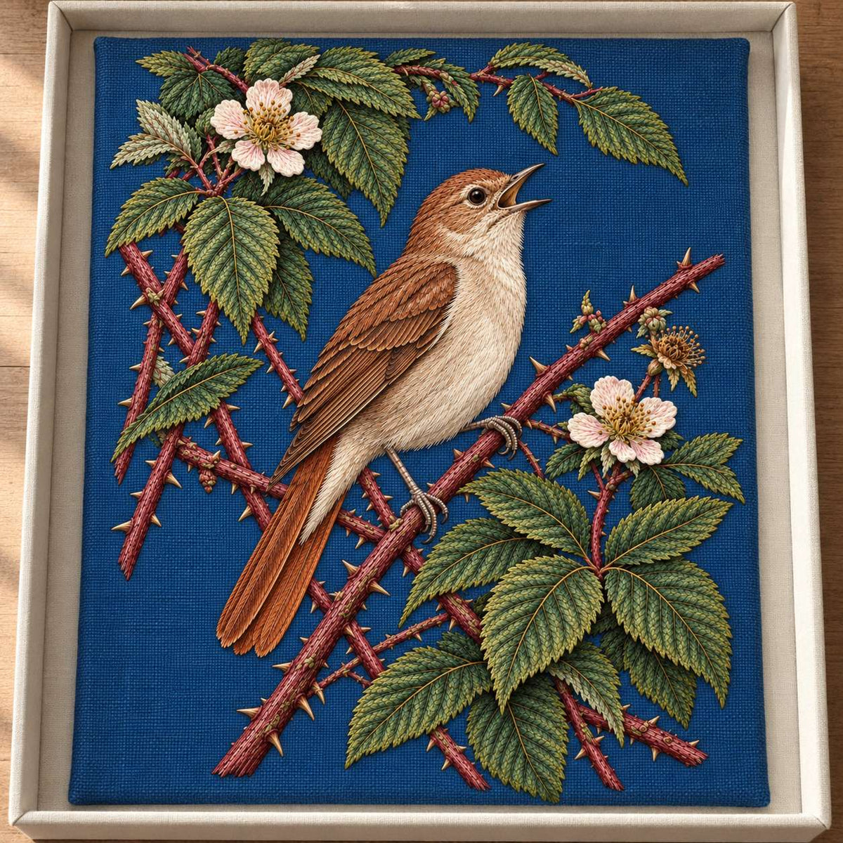 Nightingale Within the Bramble Chamber visual mockup shown as a textile panel in a collection tray, with the design on deep ink-blue linen.