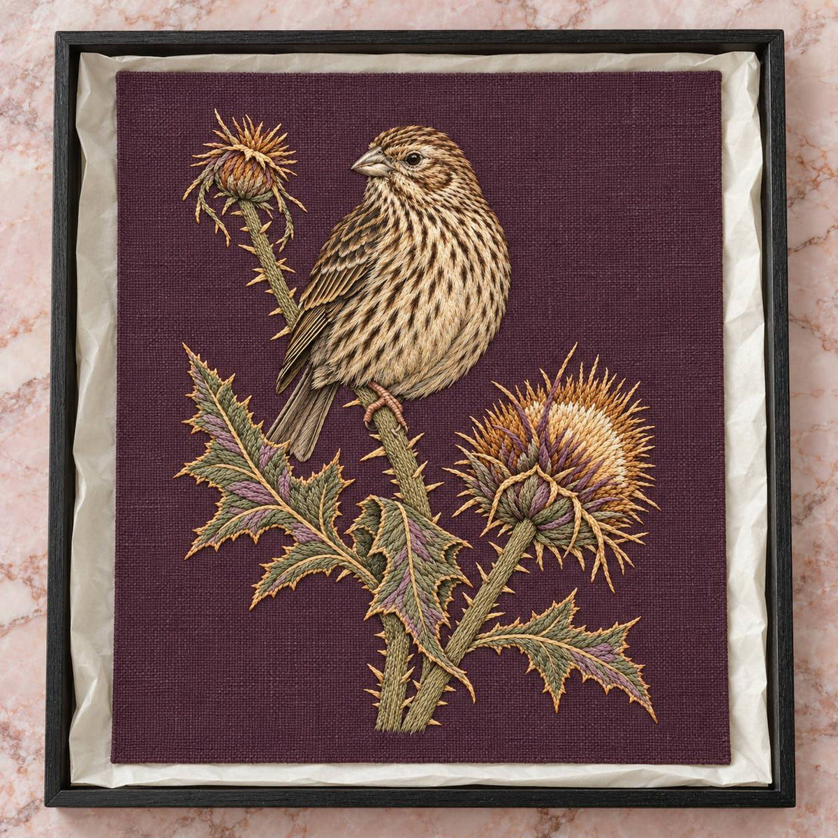 Corn Bunting at the Thistle Compass visual mockup shown as a textile panel in a collection tray, with the design on muted plum linen.