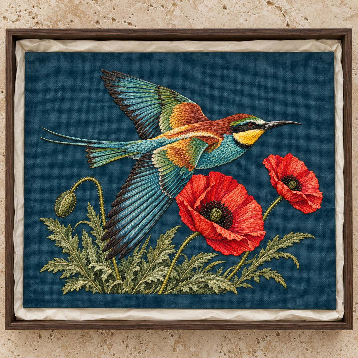 Bee Eater Crossing the Poppy Wind visual mockup shown as a textile panel in a collection tray, with the design on dark teal linen.