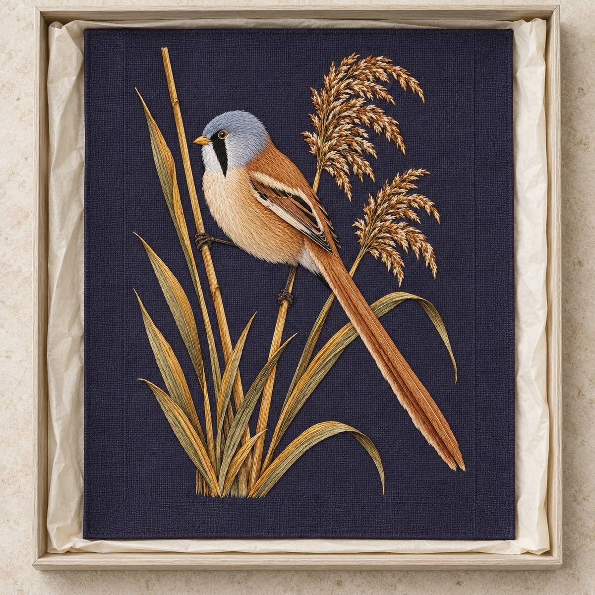 Bearded Reedling in the Amber Fan visual mockup shown as a textile panel in a collection tray, with the design on deep plum linen.