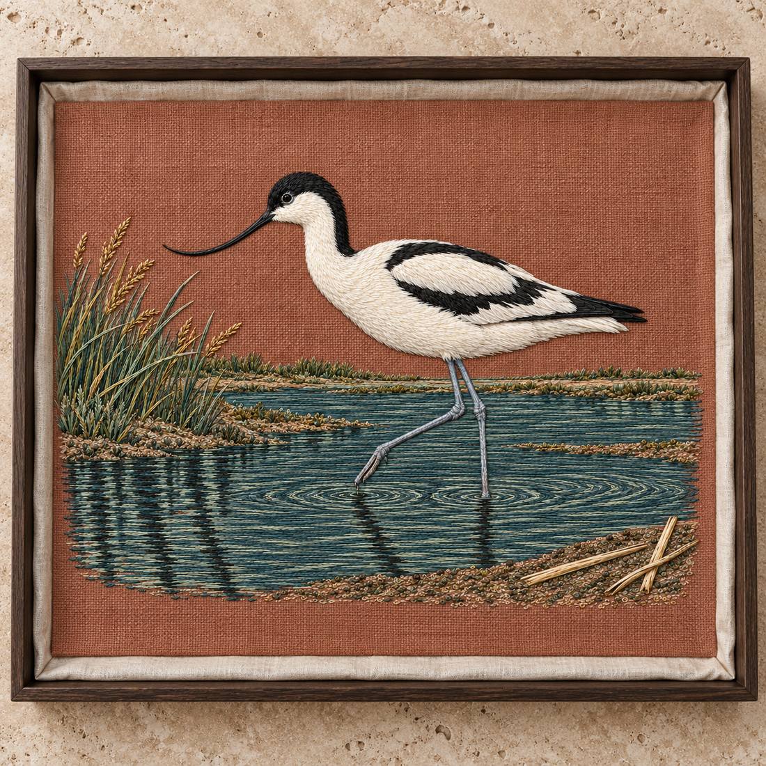 Avocet Across the Blackwater Line visual mockup shown as a textile panel in a collection tray, with the design on dusty terracotta linen.