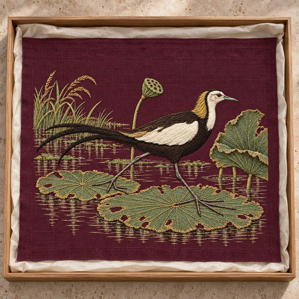 Jacana on the Torn Lotus Map visual mockup shown as a textile panel in a collection tray, with the design on deep plum linen.