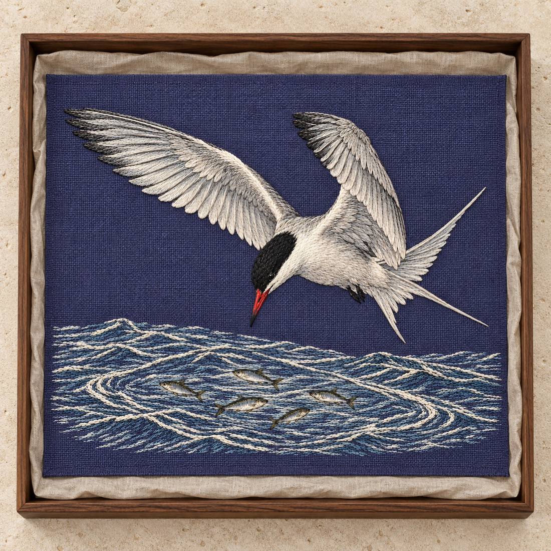 Common Tern Above the Silver Shoal visual mockup shown as a textile panel in a collection tray, with the design on deep blue-violet linen.