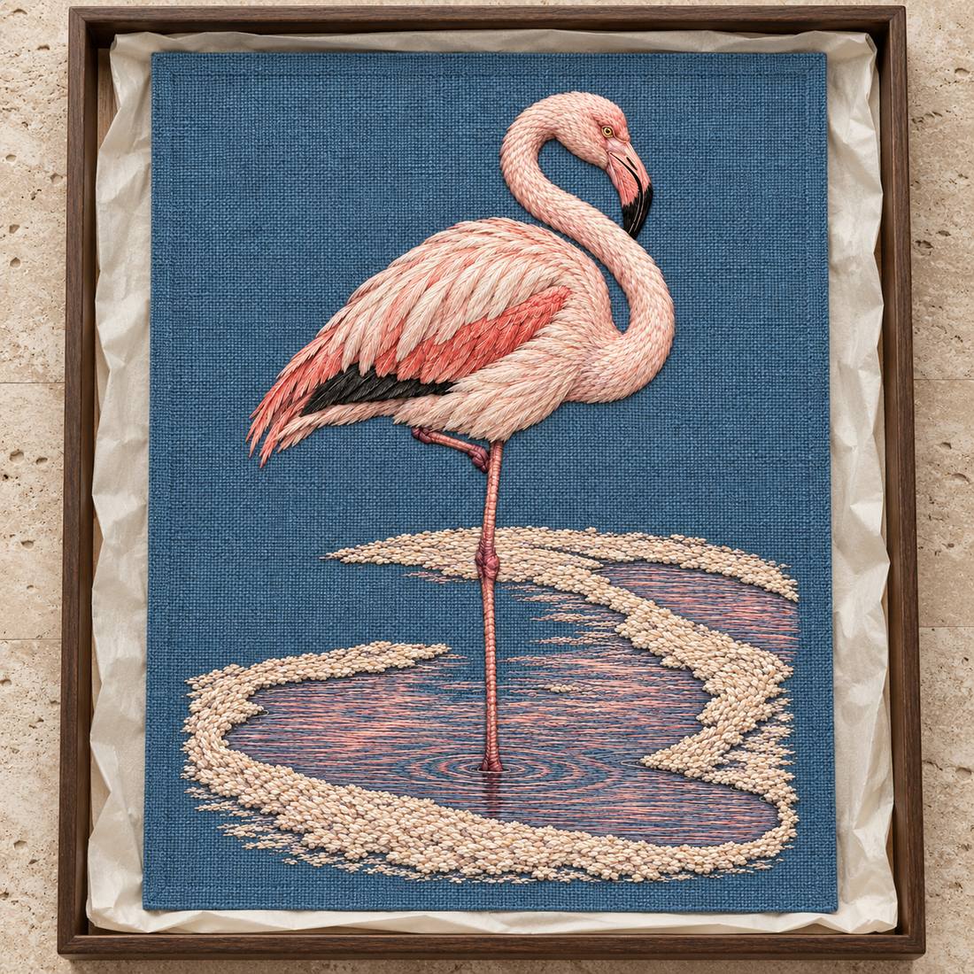 Flamingo in the Salt Rose Spiral visual mockup shown as a textile panel in a collection tray, with the design on slate-blue linen.