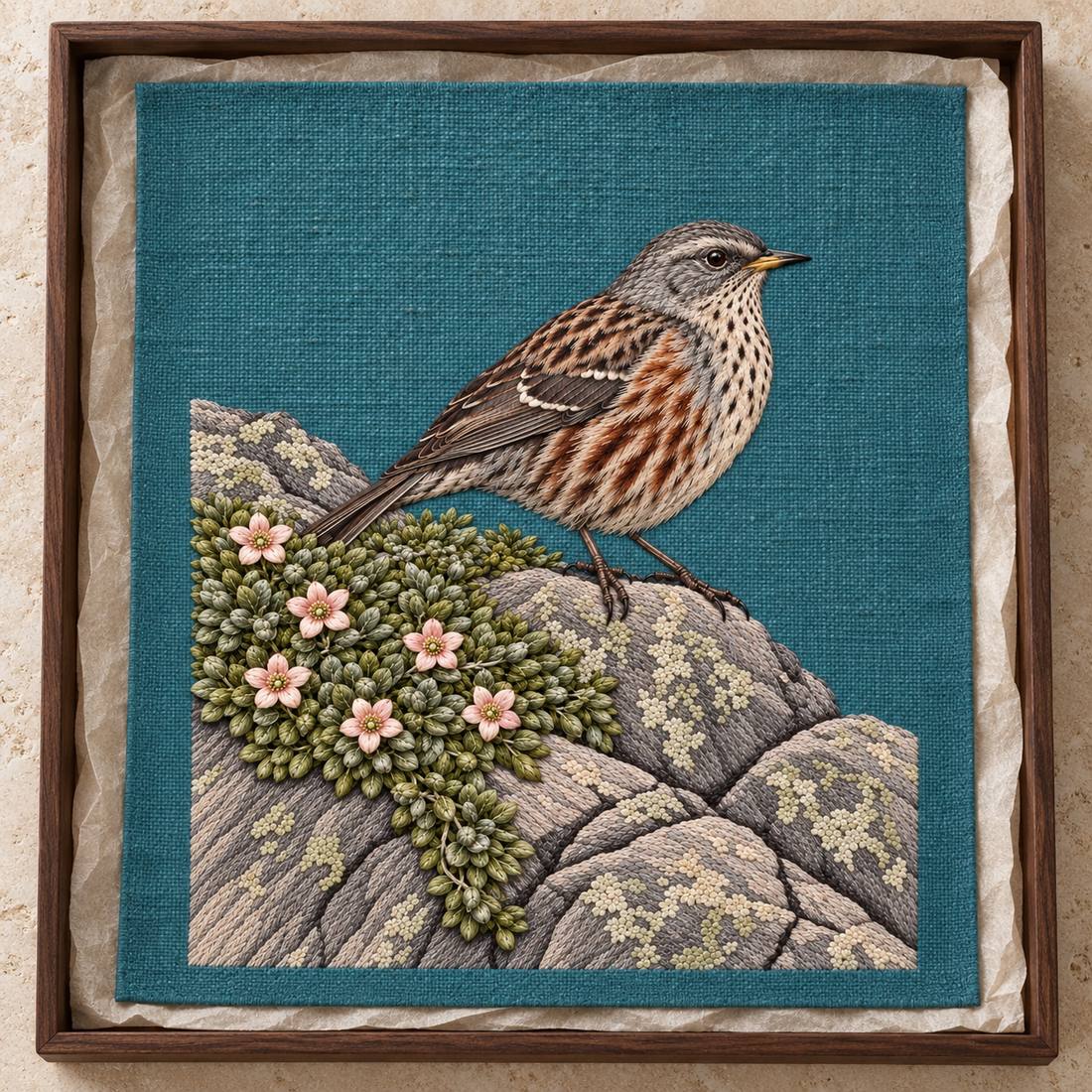 Accentor at the Alpine Cushion visual mockup shown as a textile panel in a collection tray, with the design on teal linen.
