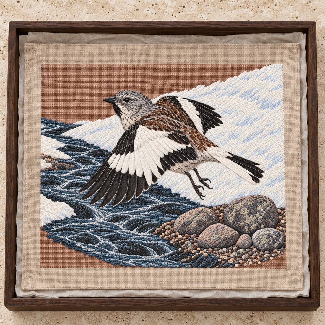 Snowfinch Along the Meltwater Cut visual mockup shown as a textile panel in a collection tray, with the design on warm oatmeal linen.