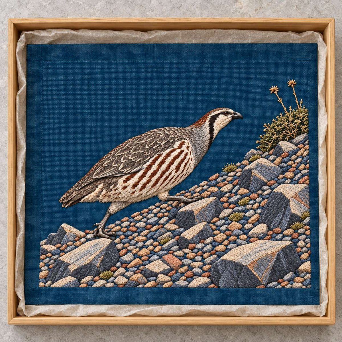 Snowcock Across the Scree Fan visual mockup shown as a textile panel in a collection tray, with the design on deep teal-blue linen.