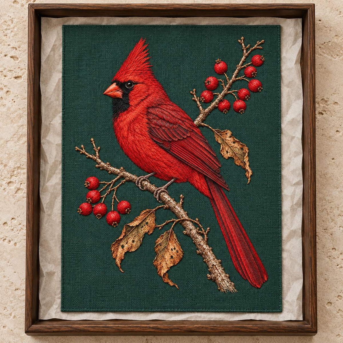 Cardinal at the Winterberry Flame visual mockup shown as a textile panel in a collection tray, with the design on deep forest-green linen.